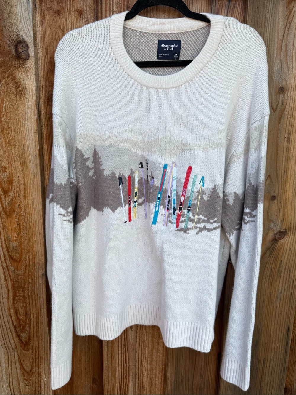NWT Abercrombie & Fitch Cream Ski Graphic Crewneck Sweater M